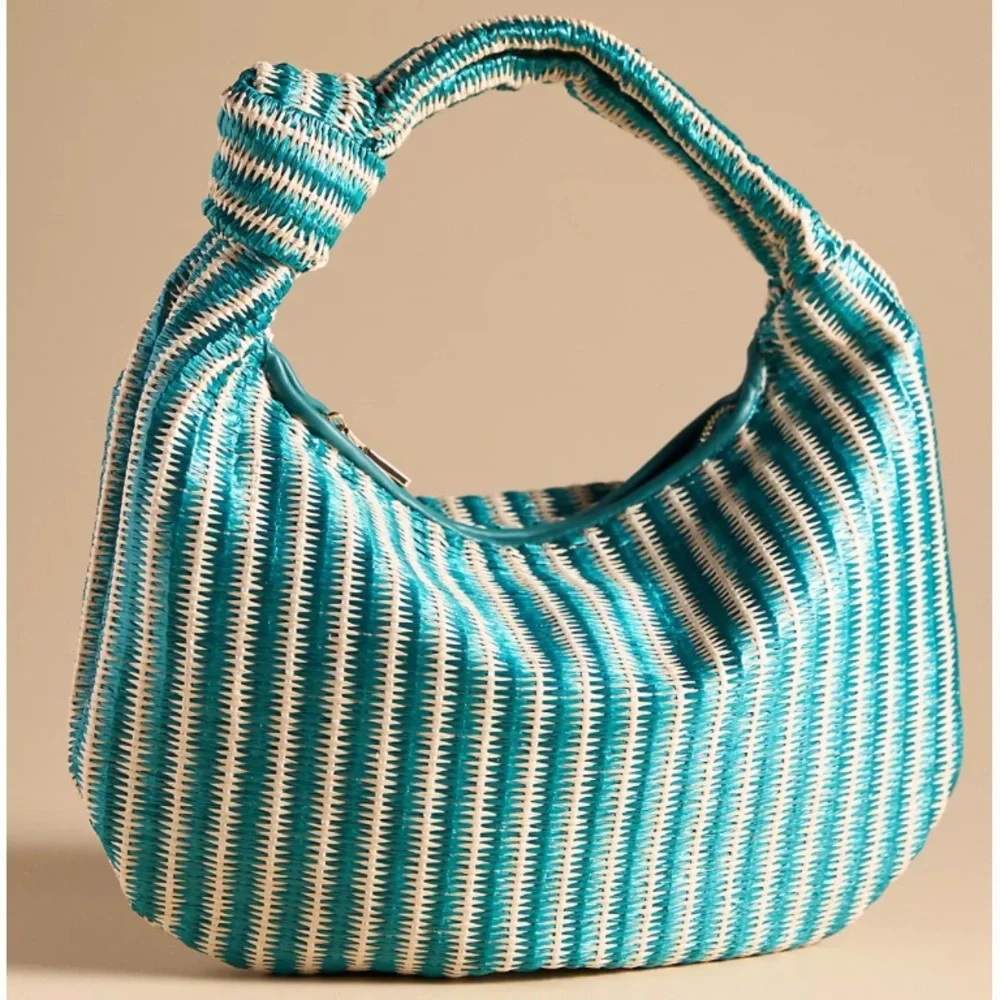 Melie Bianco Teal and White Woven Hobo Bag